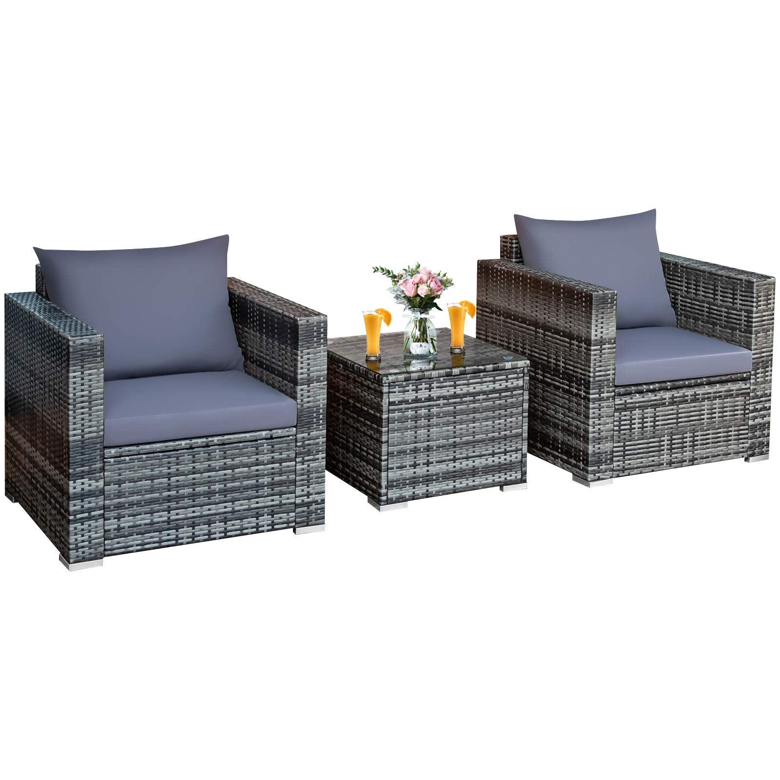 3 Pieces Patio Furniture Set, PE Rattan Wicker Sofa Set w/Washable Cushion and Tempered Glass Tabletop